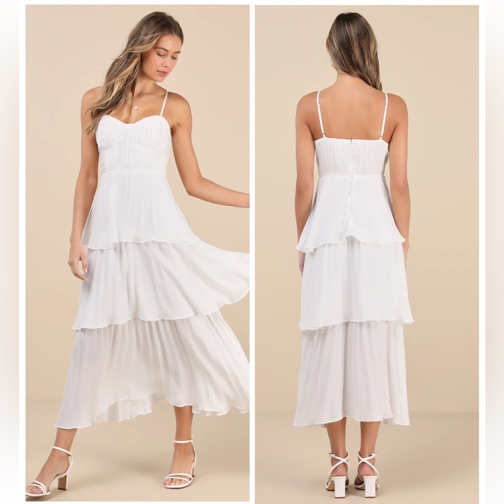 Lulu's Ivory Tiered Midi Dress with Spaghetti Straps